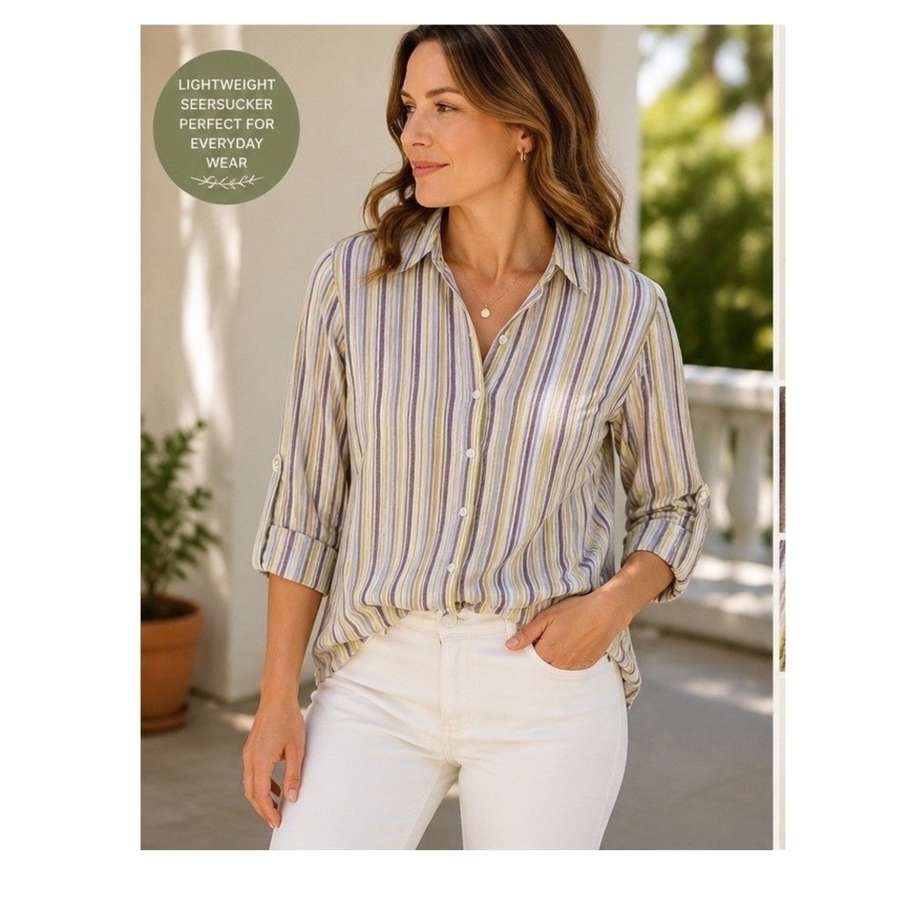 Alia Button Up Blouse Womens 8 Multicolor‎ Good Striped Seersucker 3/4 Sleeve